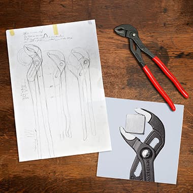 KNIPEX Cobra: Entwurfs-Zeichnung und Produktfoto